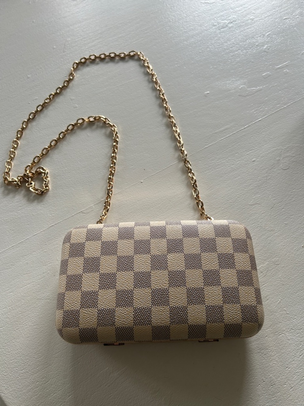 Beige Checker Pattern Chain Shoulder Clutch